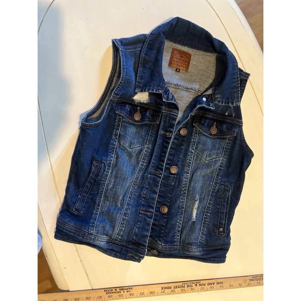Womens Distressed Denim Vest Medium Dark Wash Moto Fitted Jean Vest Y2K Biker